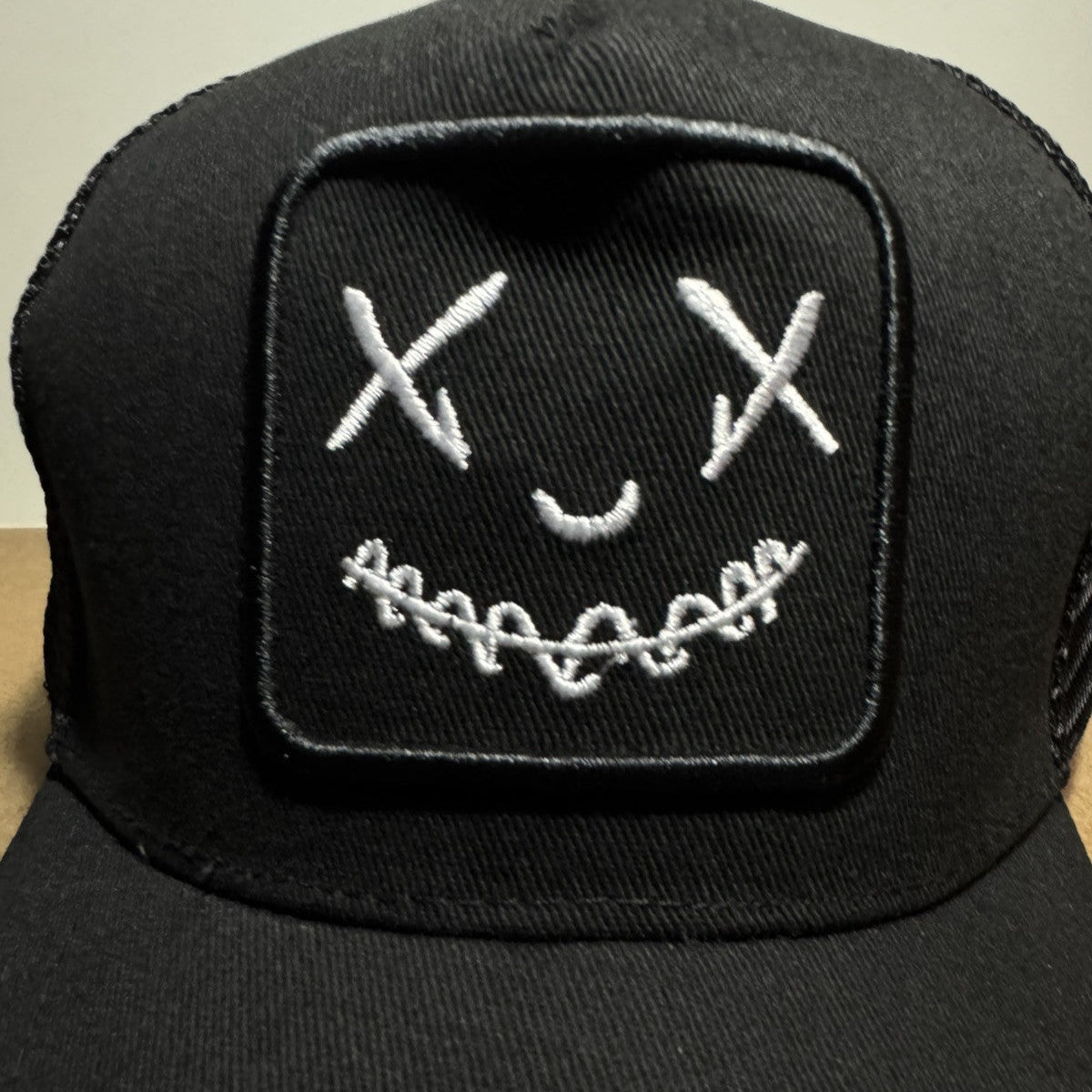 Smiley Face Trucker Hat - Black & White Mesh Back - ExclusiveCrowns