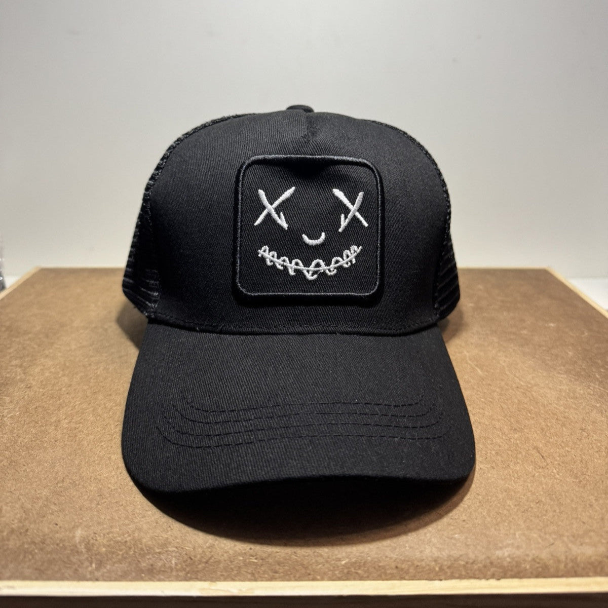 Smiley Face Trucker Hat - Black & White Mesh Back - ExclusiveCrowns