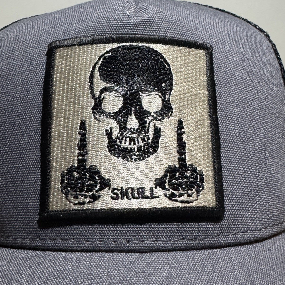 Skull Patch Trucker Hat - Grey & Black Mesh Back - ExclusiveCrowns