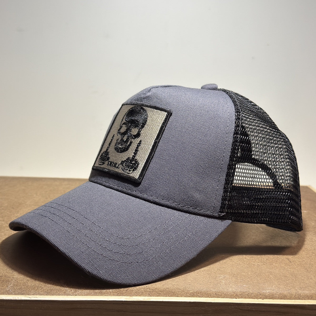 Skull Patch Trucker Hat - Grey & Black Mesh Back - ExclusiveCrowns