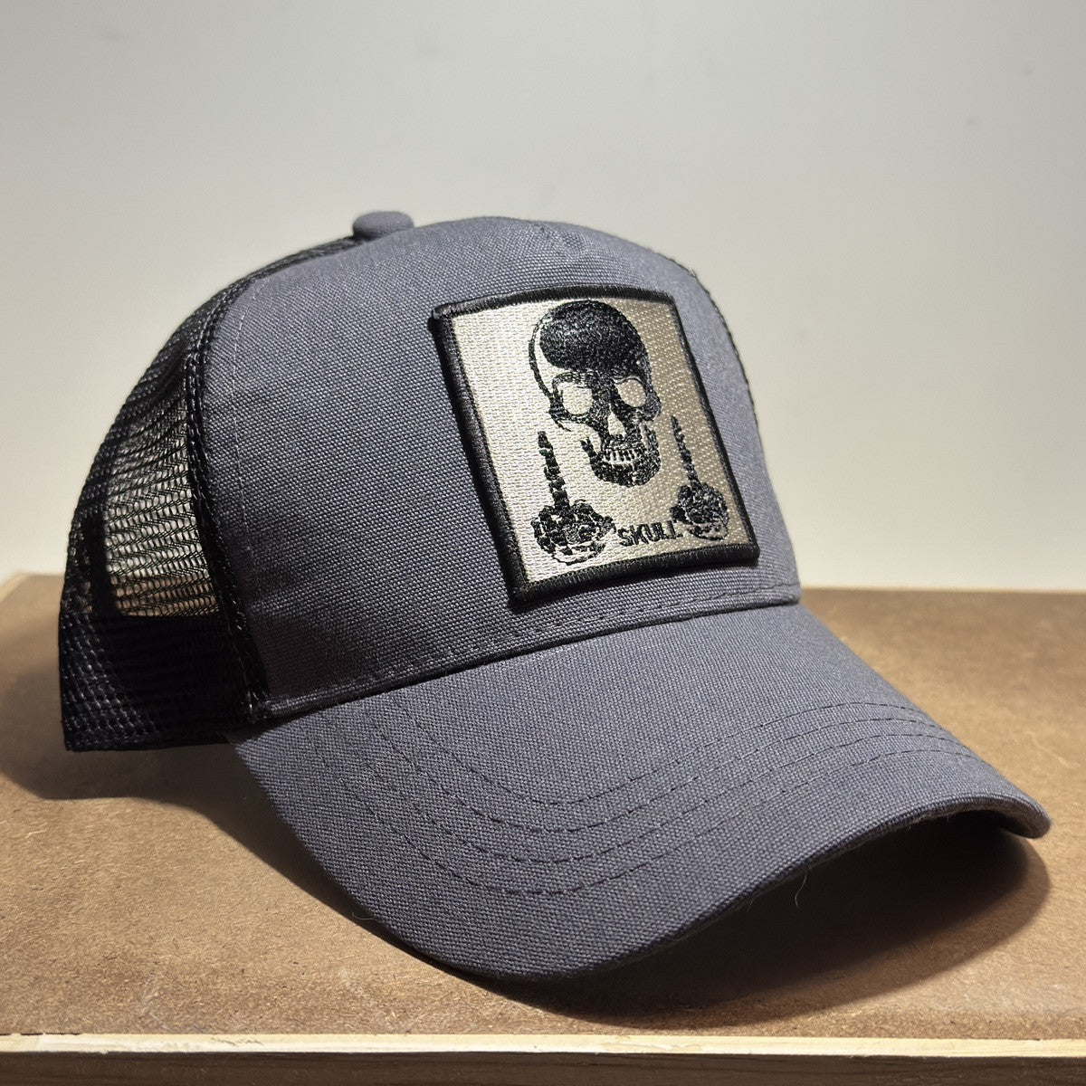 Skull Patch Trucker Hat - Grey & Black Mesh Back - ExclusiveCrowns