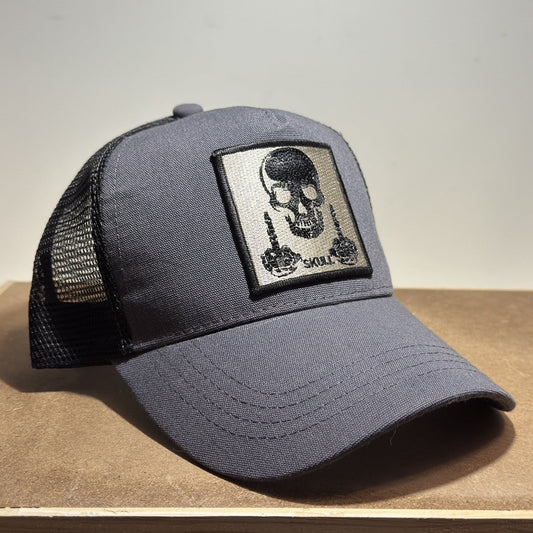 Skull Patch Trucker Hat - Grey & Black Mesh Back - ExclusiveCrowns