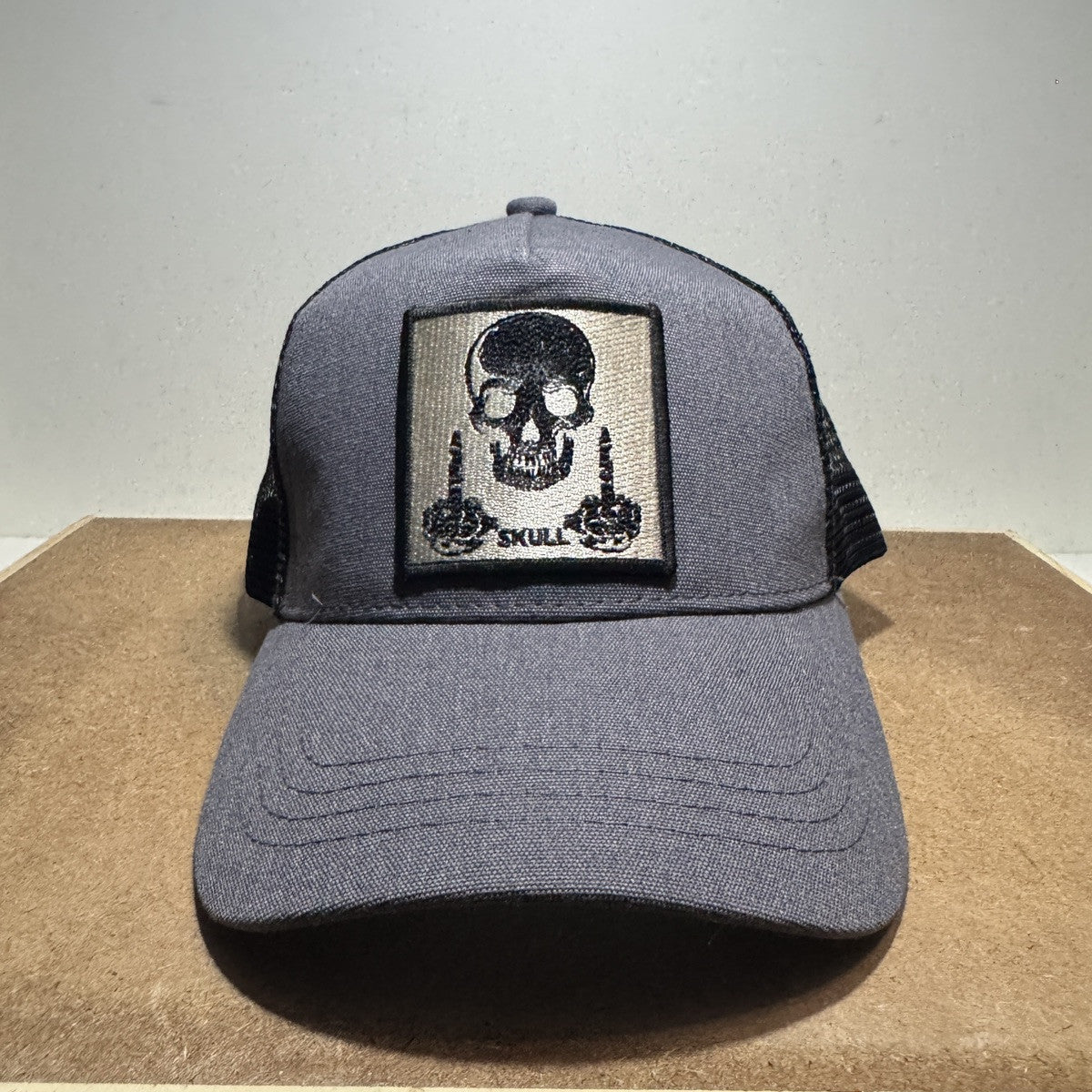 Skull Patch Trucker Hat - Grey & Black Mesh Back - ExclusiveCrowns