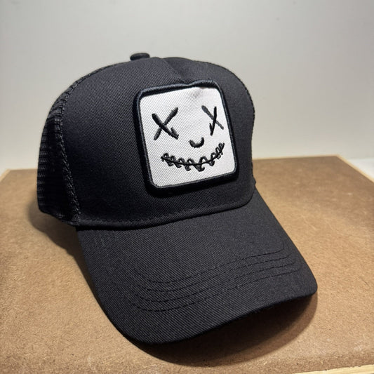 Smiley Face Trucker Hat - Black & White Mesh Back - ExclusiveCrowns