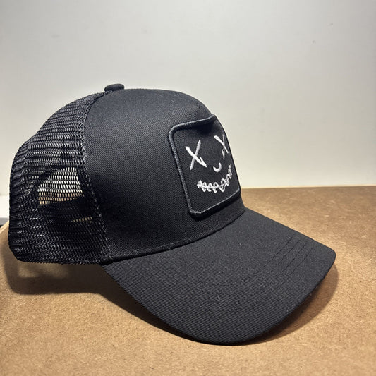 Smiley Face Trucker Hat - Black & White Mesh Back - ExclusiveCrowns