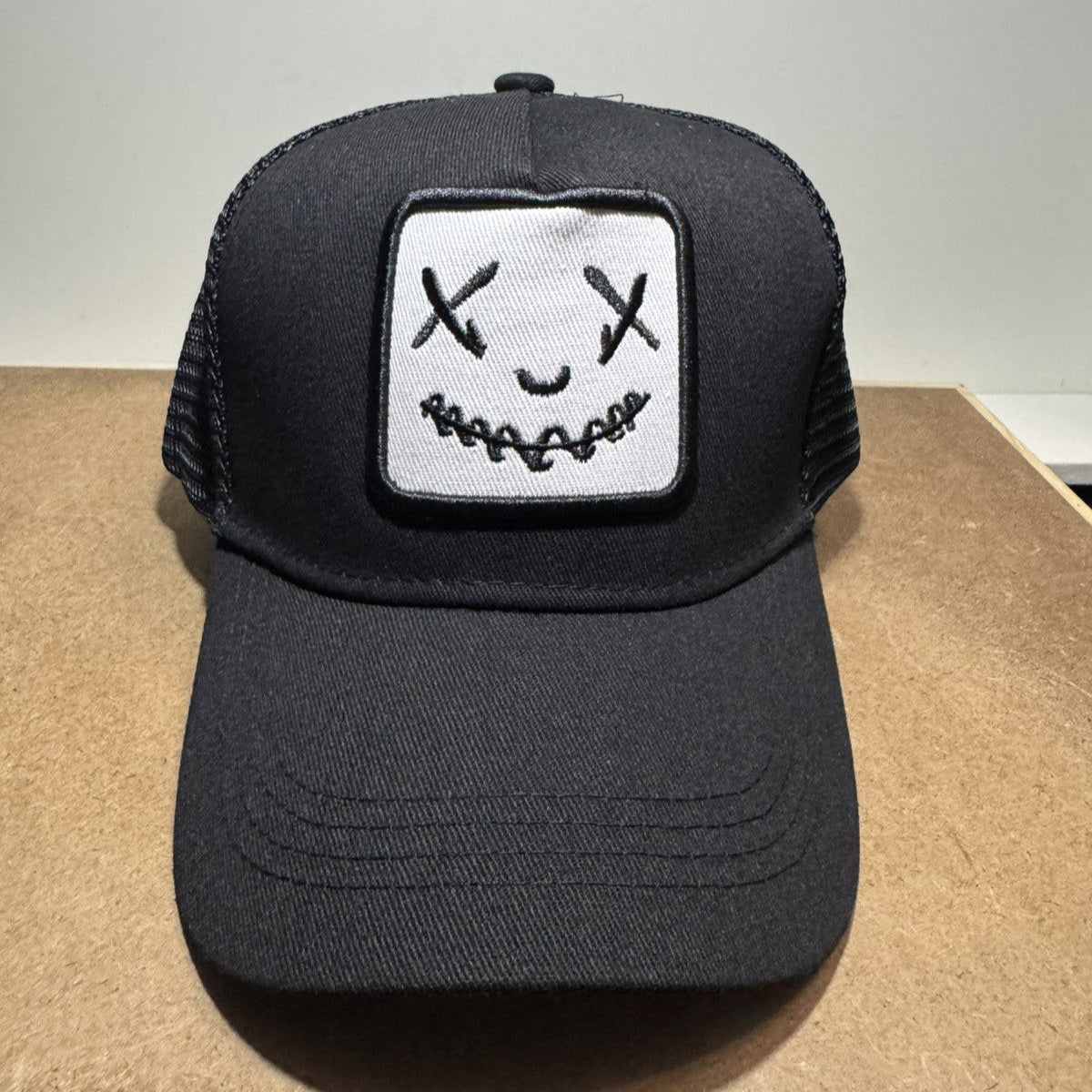 Smiley Face Trucker Hat - Black & White Mesh Back - ExclusiveCrowns